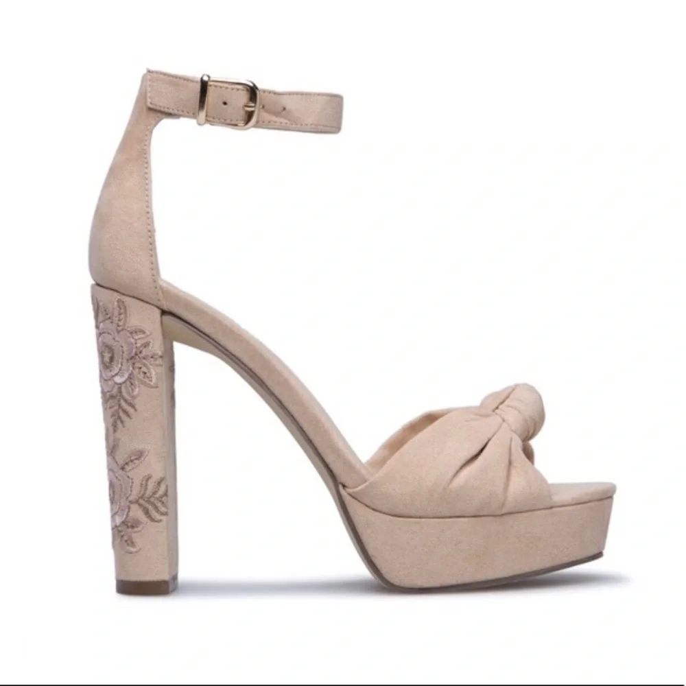 Faux-Suede Tan Platform Heeled Sandal Sz 10, NIB
